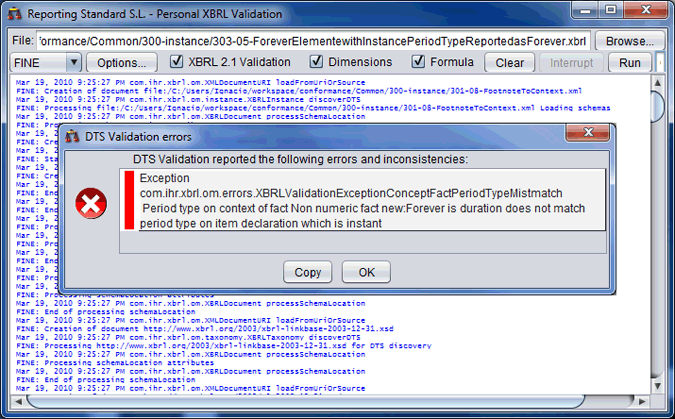 Screen capture user interface Reporting Standard XBRL validation tool (Personal edition). Validation with errors