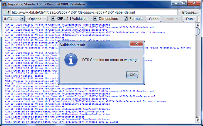 Screen capture user interface Reporting Standard XBRL validation tool (Personal edition). Validation OK